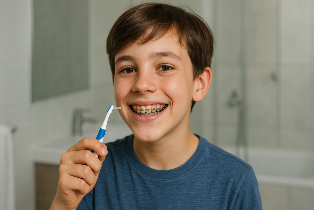 Dziecko z aparatem ortodontycznym myjące zęby szczoteczką ortodontyczną