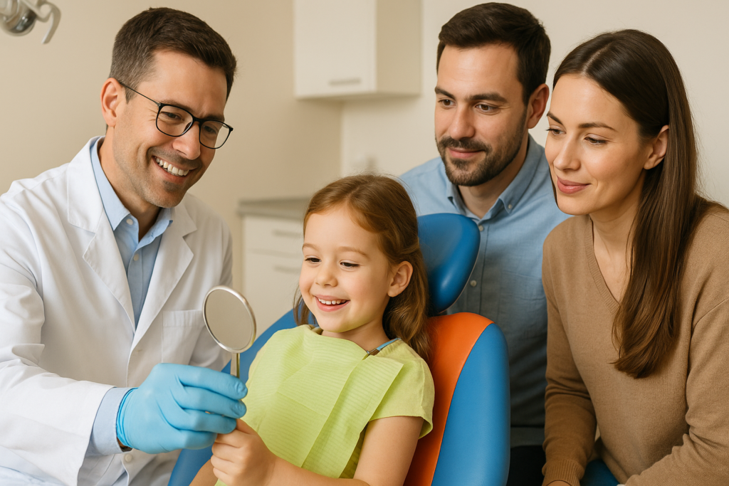 Dentysta opiekujący się przedszkolakiem podczas wizyty profilaktycznej