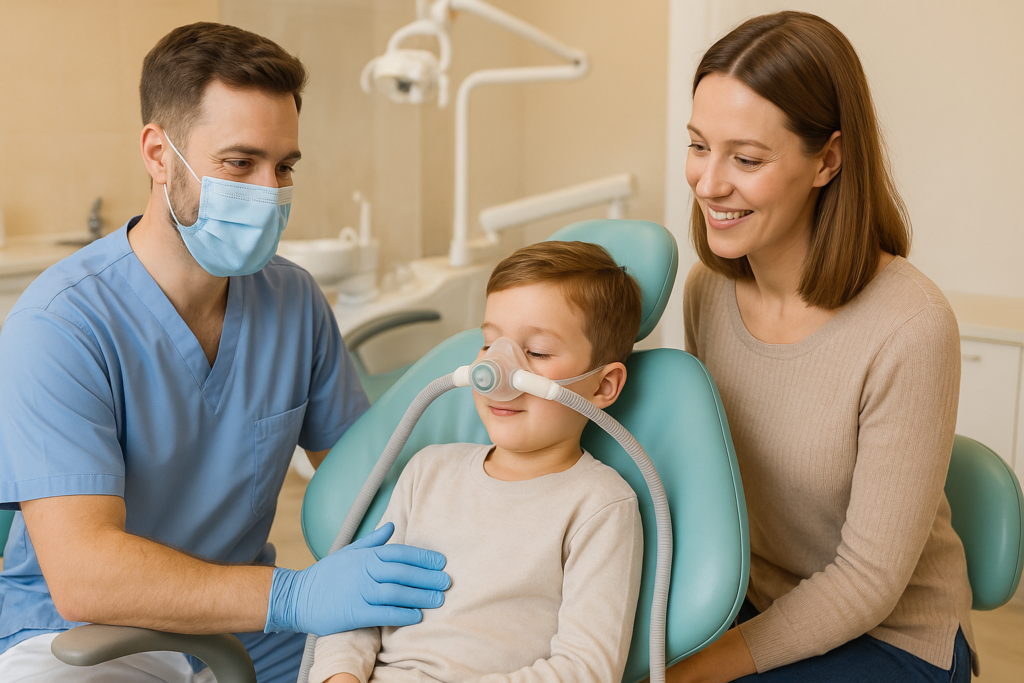 Dziecko u dentysty z maseczką do gazu rozweselającego podczas spokojnej wizyty